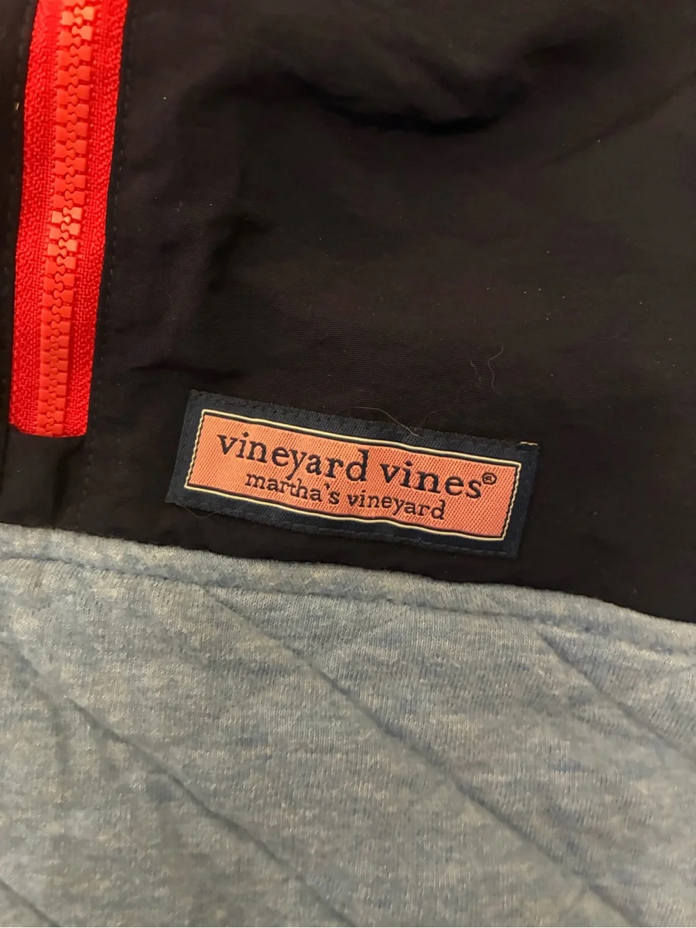 Vineyard Vines Navy Quilted Pullover with Light Blue Lining and Red Trim